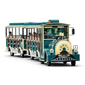 Electric Trackless Tourist Train with Vintage Steam Locomotive Design, Open Passenger Cars, Fiberglass and Steel Construction, 500 kg