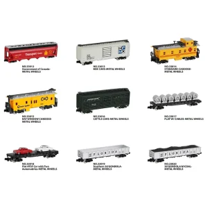 Heavy-Duty Railway Freight Cars with Metal Wheels – Grain, Coal, Cable & Auto Transport Wagons